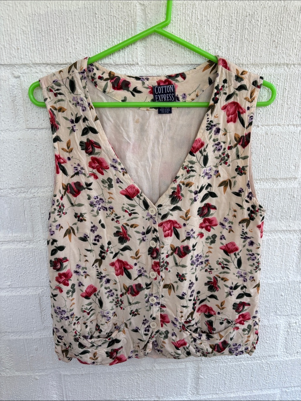 Cotton Express Vintage Cream Floral Button-Front Camisole Vest sz L
